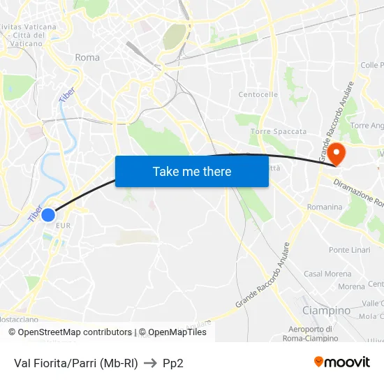 Val Fiorita/Parri (Metro-Rail) to PP2 map