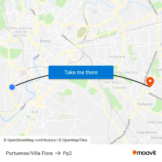 Portuense/Villa Flora to PP2 map