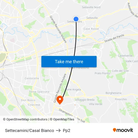 Settecamini/Casal Bianco to PP2 map