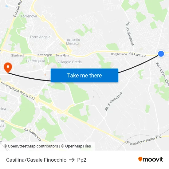 Casilina/Casale Finocchio to PP2 map