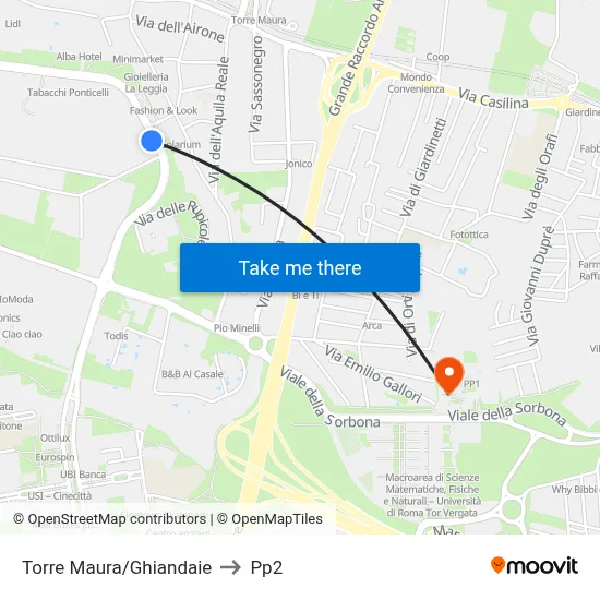 Torre Maura/Ghiandaie to PP2 map