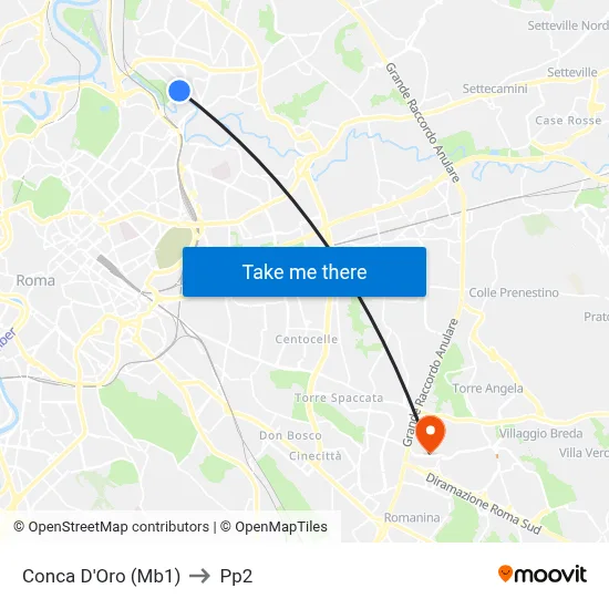 Conca D'Oro (Metro Line 1) to PP2 map