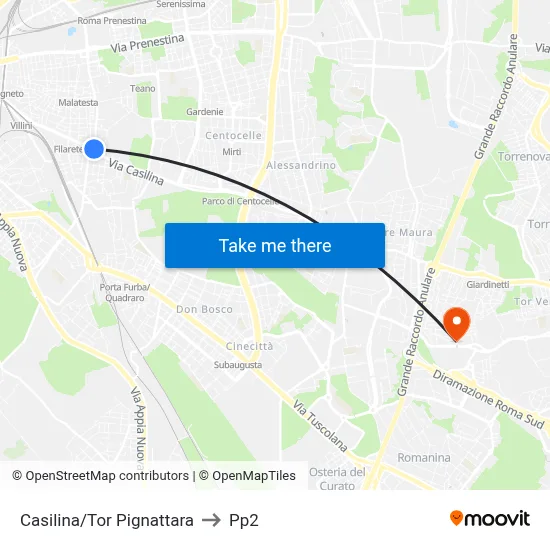 Casilina/Tor Pignattara to PP2 map