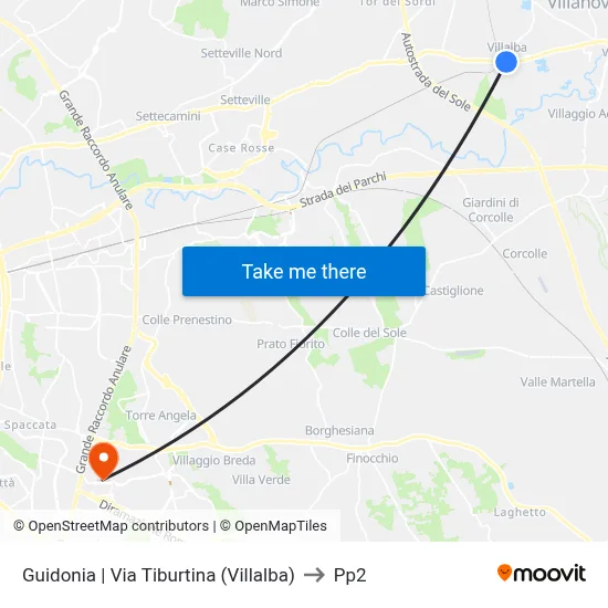 Guidonia via Tiburtina (Villalba) to PP2 map