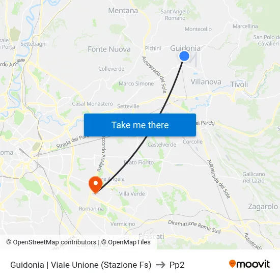 Guidonia via Unione (Train Station) to PP2 map