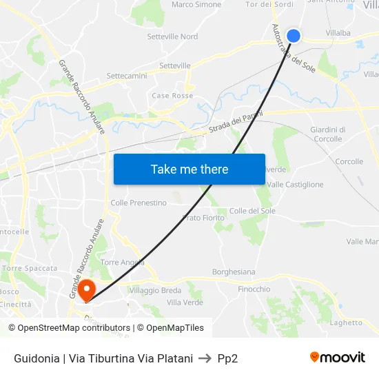 Guidonia | Tiburtina Street Platani Street to PP2 map