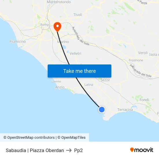 Sabaudia Piazza Oberdan to PP2 map
