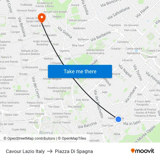 Cavour Lazio Italy to Spanish Square map