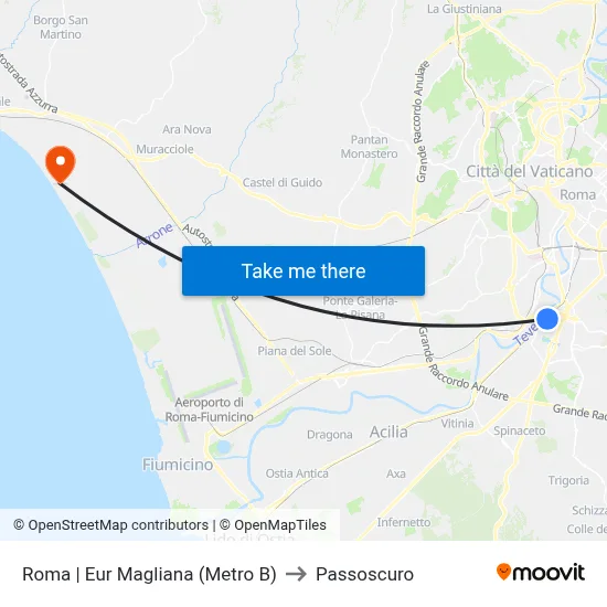 Rome | Eur Magliana (Metro B) to Passoscuro map