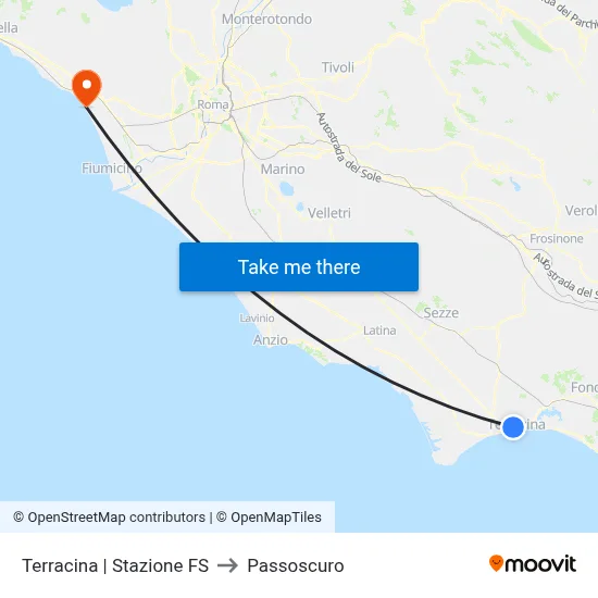 Terracina Railway Station to Passoscuro map