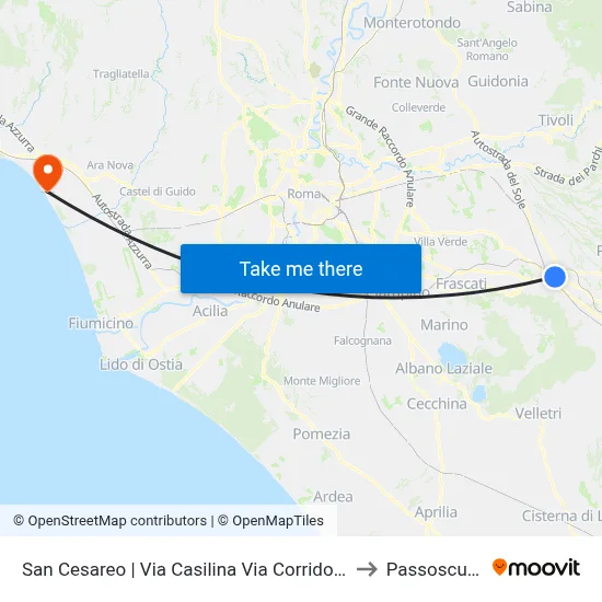 San Cesareo via Casilina via Corridoni to Passoscuro map