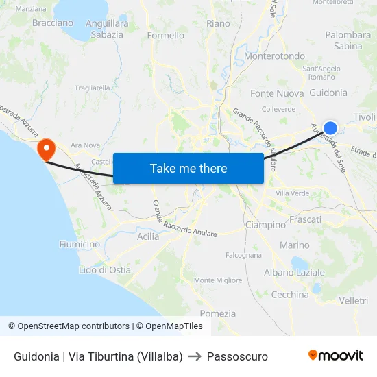 Guidonia via Tiburtina (Villalba) to Passoscuro map