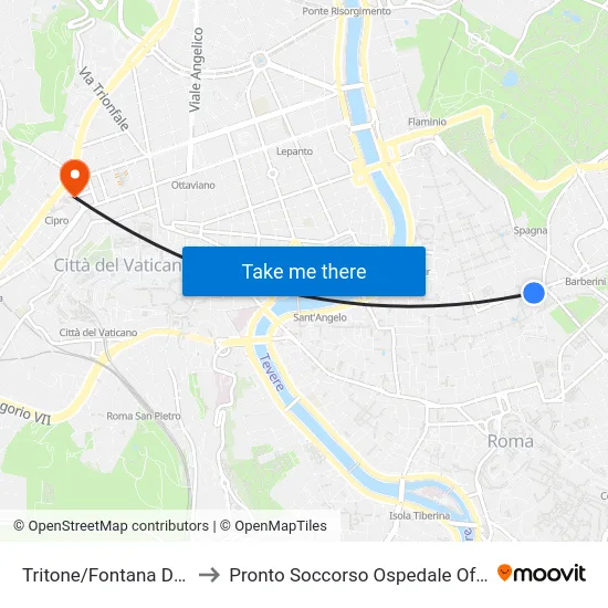 Tritone/Trevi Fountain to Emergency Room Oftalmico Hospital map