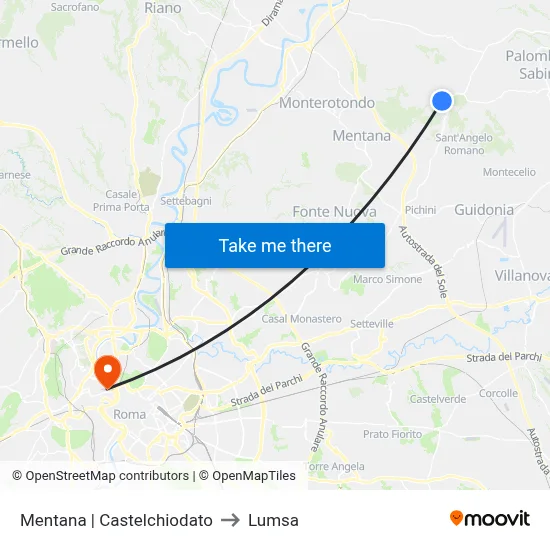 Mentana via Castelchiodato to Lumsa map