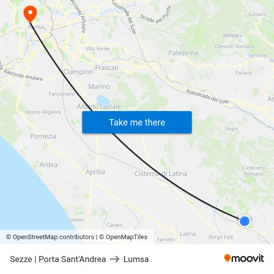Sezze via Sant'Andrea Gate to Lumsa map