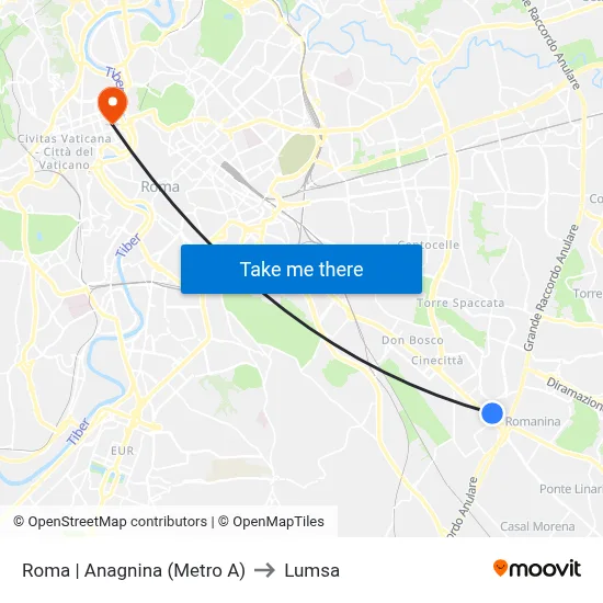Rome | Anagnina (Metro A) to Lumsa map