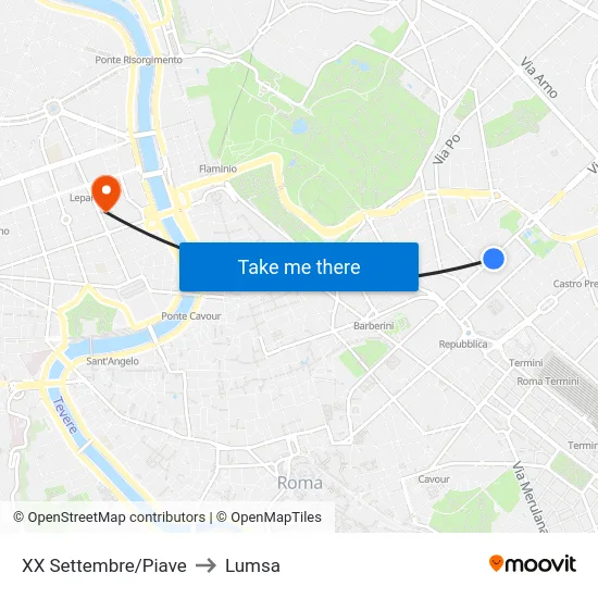 XX Settembre/Piave to Lumsa map