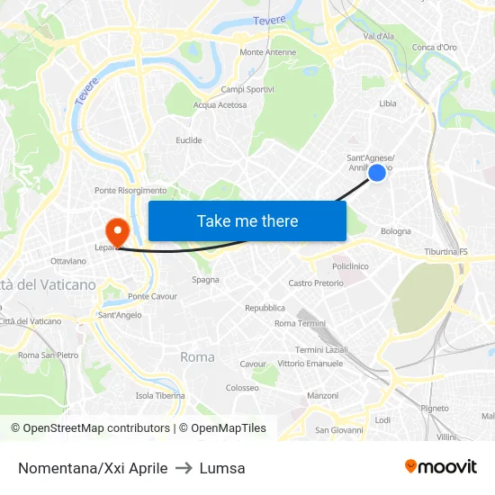 Nomentana/Xxi Aprile to Lumsa map
