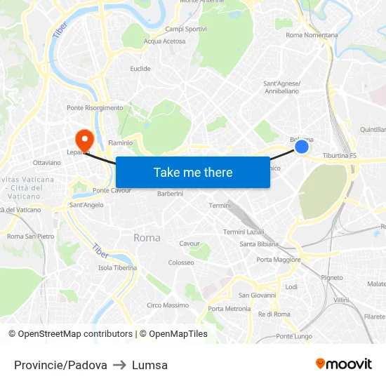 Provincie/Padova to Lumsa map