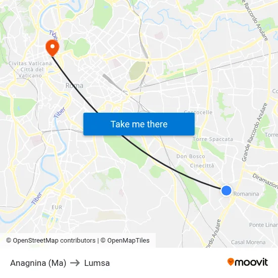 Anagnina Metro to Lumsa map