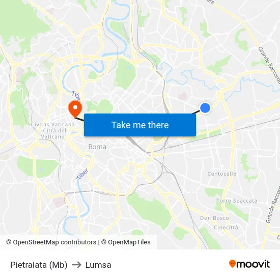 Pietralata (Metro B) to Lumsa map