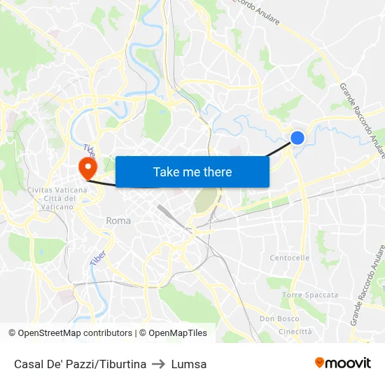 Casal De' Pazzi/Tiburtina to Lumsa map