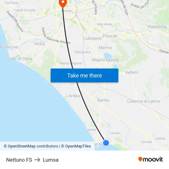 Nettuno Train Station to Lumsa map