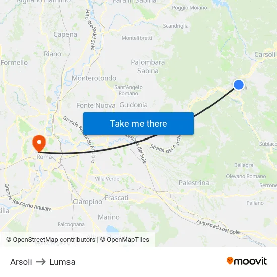 Arsoli to Lumsa map