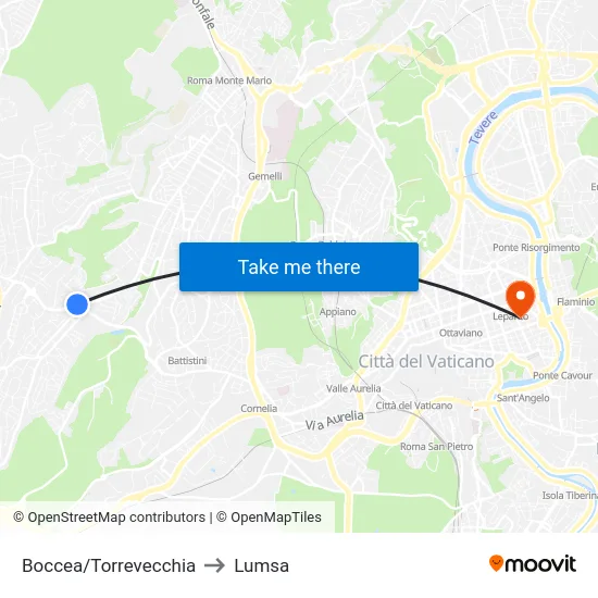 Boccea/Torrevecchia to Lumsa map