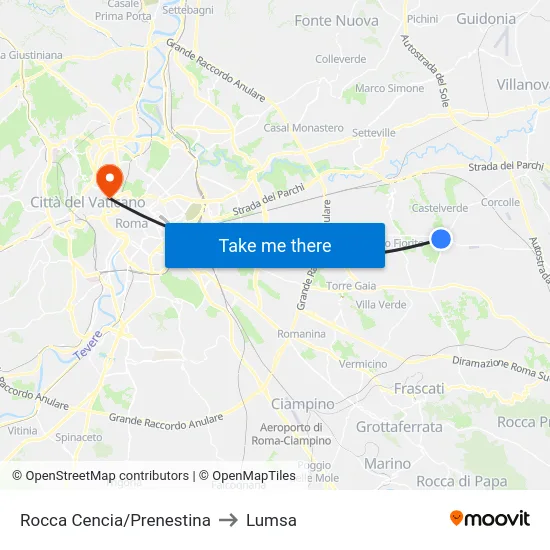 Rocca Cencia/Prenestina to Lumsa map