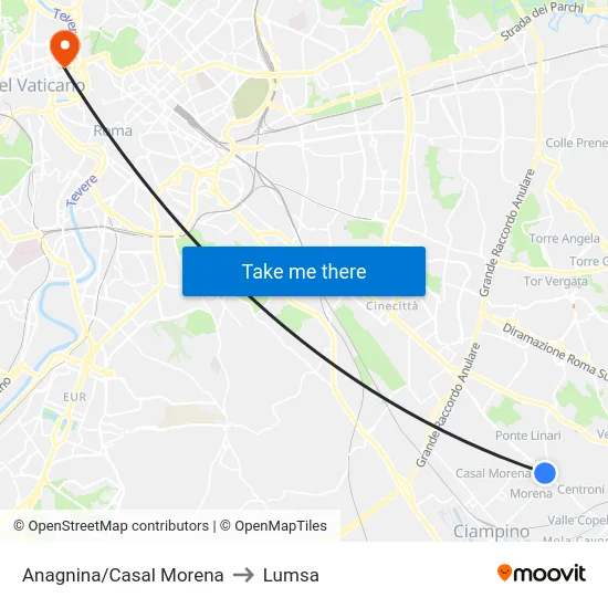 Anagnina/Casal Morena to Lumsa map