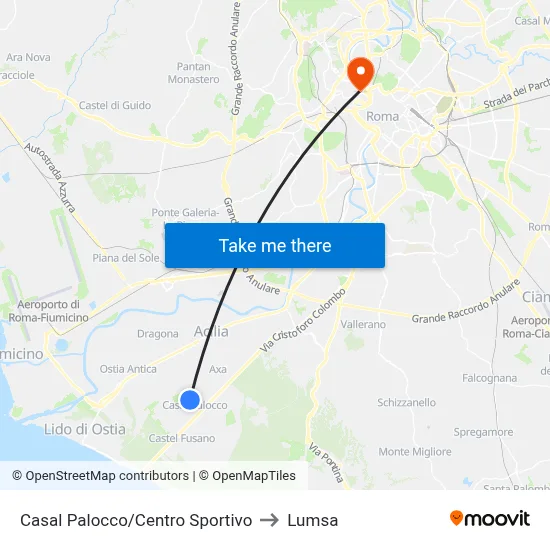 Casal Palocco/Sports Center to Lumsa map