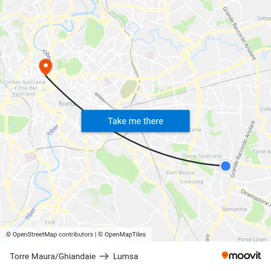 Torre Maura/Ghiandaie to Lumsa map