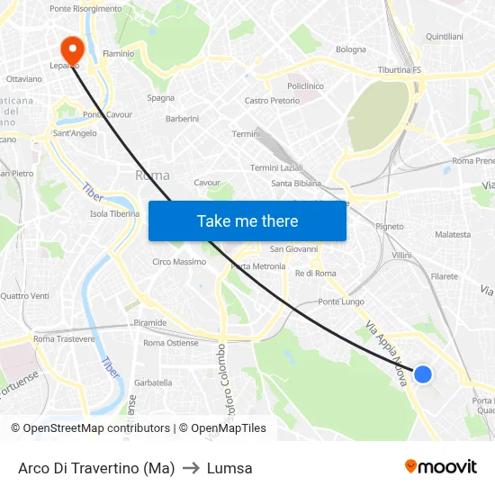 Arco Di Travertino (Metro A) to Lumsa map
