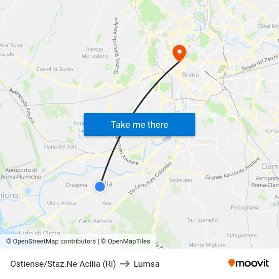 Ostiense/Acilia Station (RL) to Lumsa map
