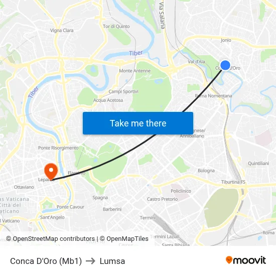 Conca D'Oro (Metro Line 1) to Lumsa map