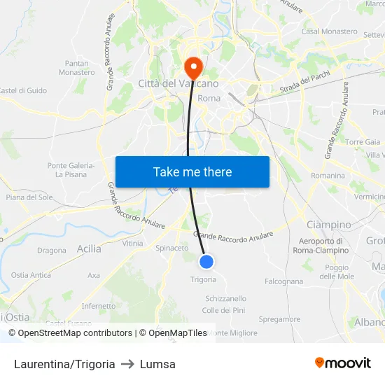 Laurentina/Trigoria to Lumsa map