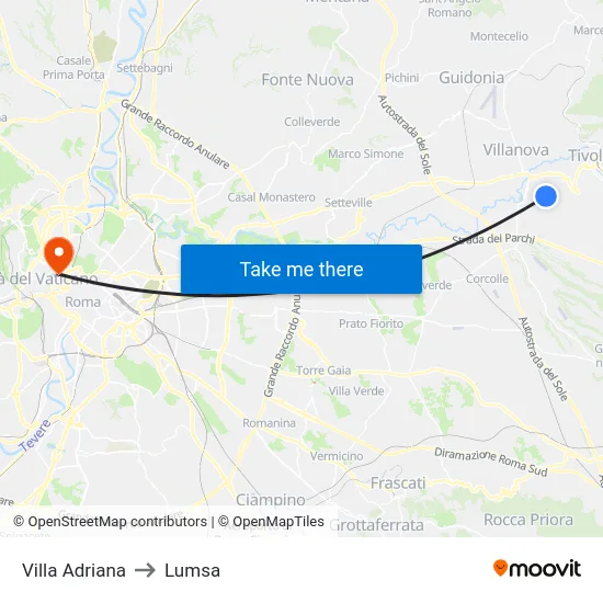 Villa Adriana to Lumsa map
