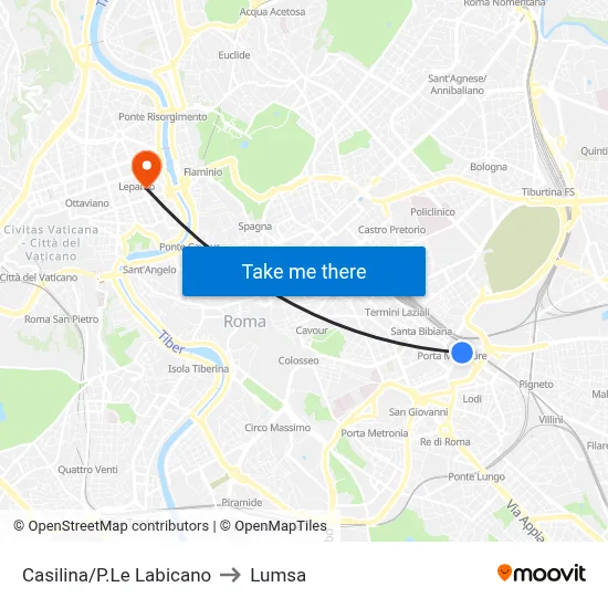 Casilina/Labicano Square to Lumsa map