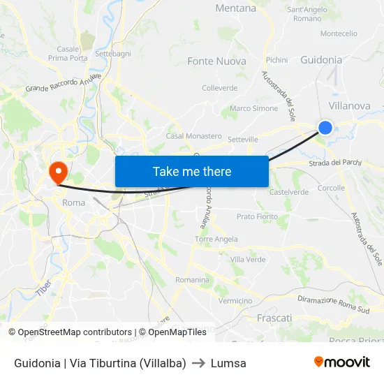 Guidonia via Tiburtina (Villalba) to Lumsa map