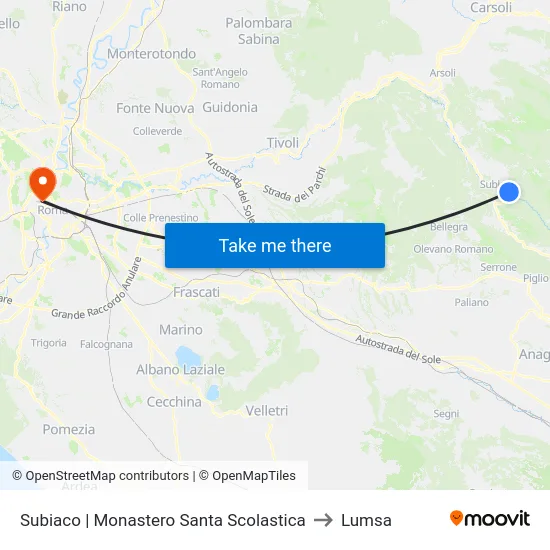 Subiaco | Monastero Santa Scolastica to Lumsa map