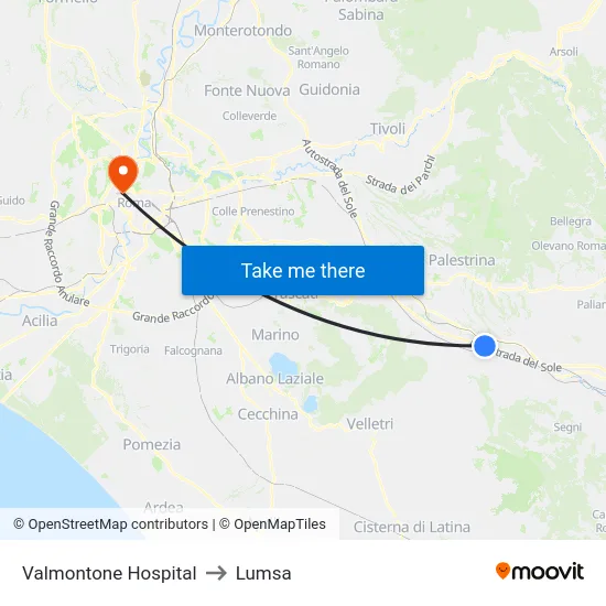 Valmontone Hospital to Lumsa map