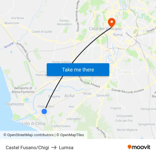 Castel Fusano/Chigi to Lumsa map