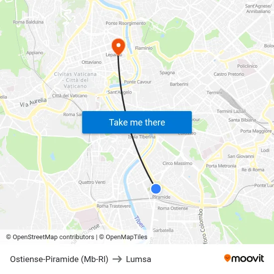 Ostiense-Pyramid (Metro B-Rail Line) to Lumsa map