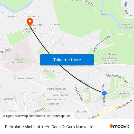 Pietralata/Michelotti to Casa Di Cura Nuova Itor map