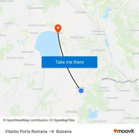 Viterbo Porta Romana to Bolsena map