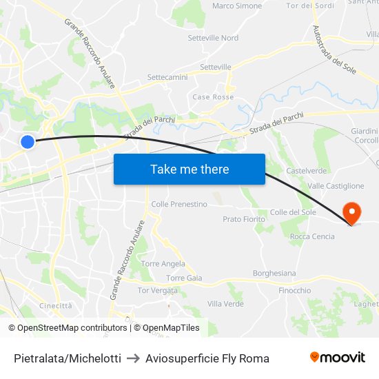 Pietralata/Michelotti to Aviosuperficie Fly Roma map