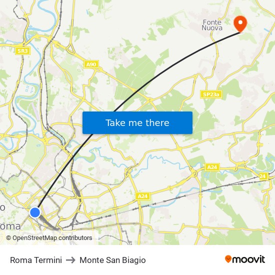 Roma Termini to Monte San Biagio map