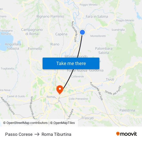 Passo Corese to Roma Tiburtina map