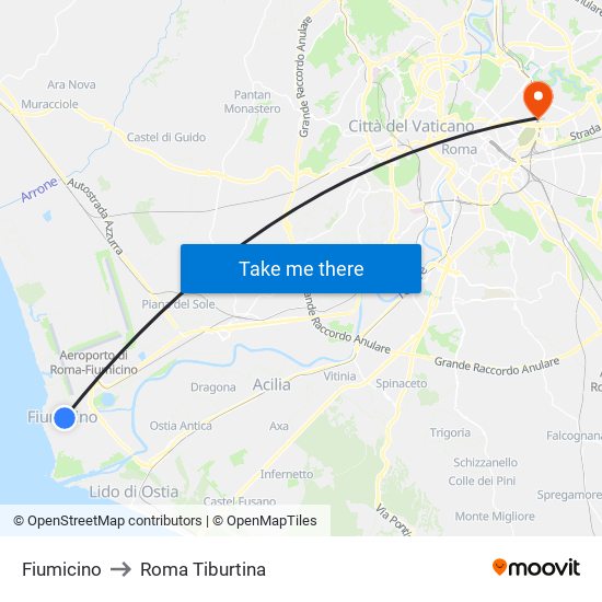 Fiumicino to Roma Tiburtina map